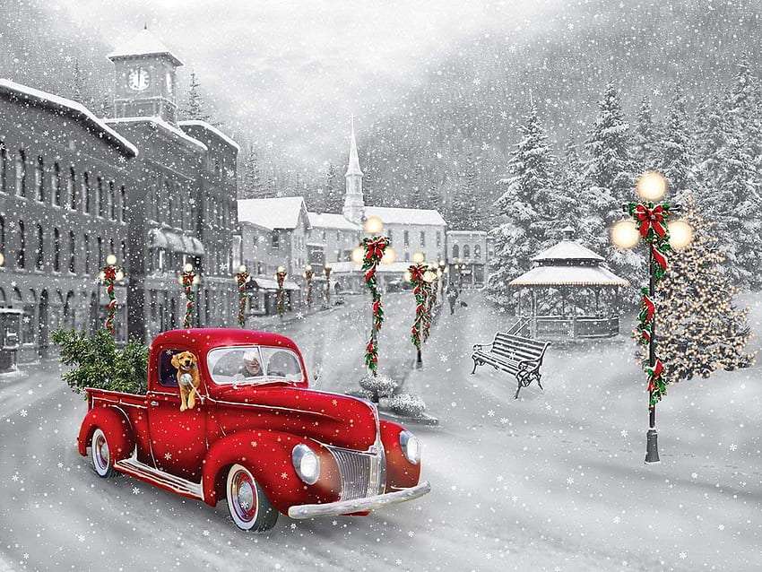 Det snöar, julen kommer, det är dags att bära granen :) pussel på nätet