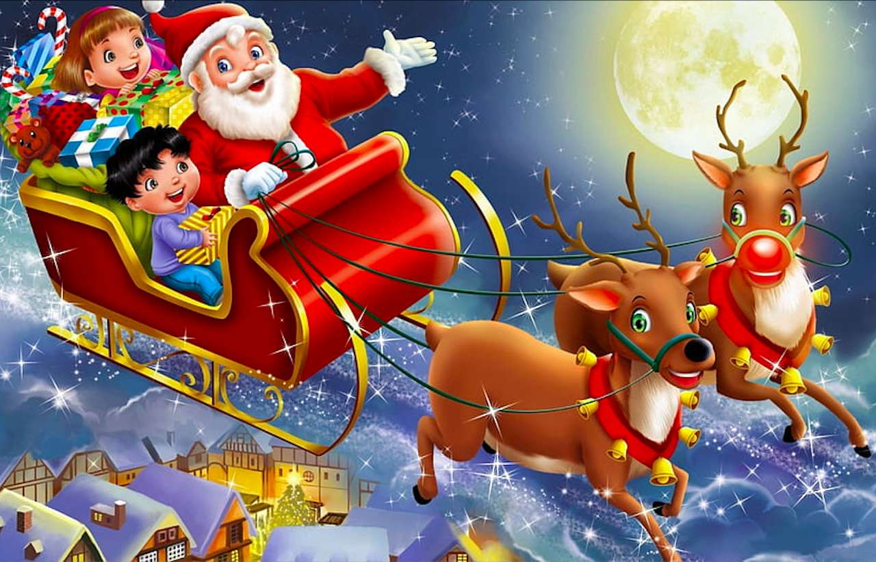 Der Weihnachtsmann kommt mit seinen Rentieren und Geschenken Online-Puzzle