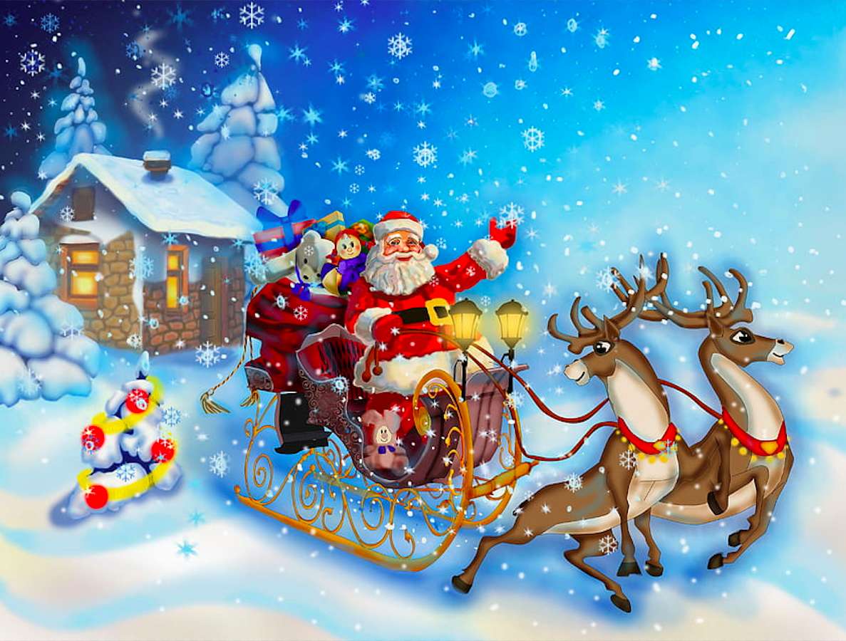 Санта Клаус в санях з оленями онлайн пазл