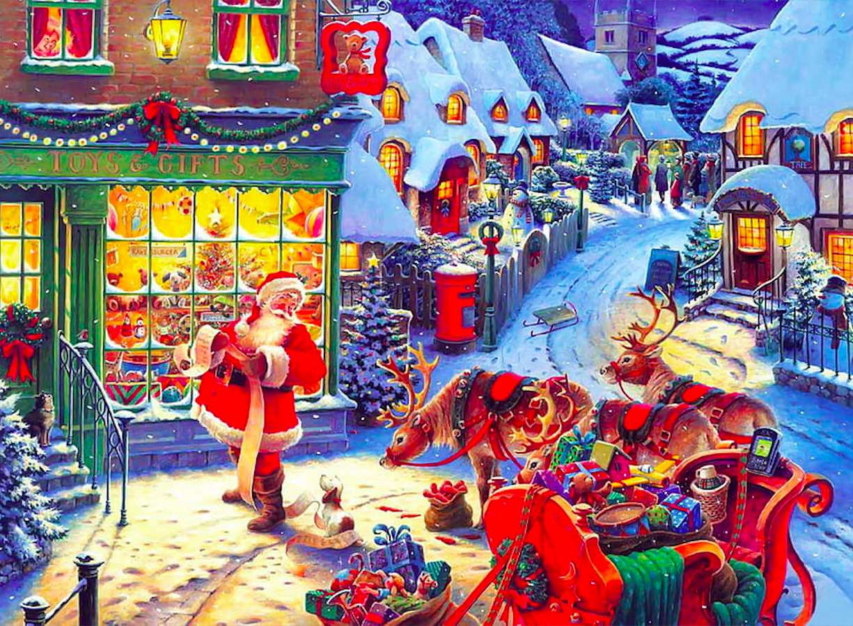 Az elfoglalt Mikulás a karácsonyi listát ellenőrzi kirakós online