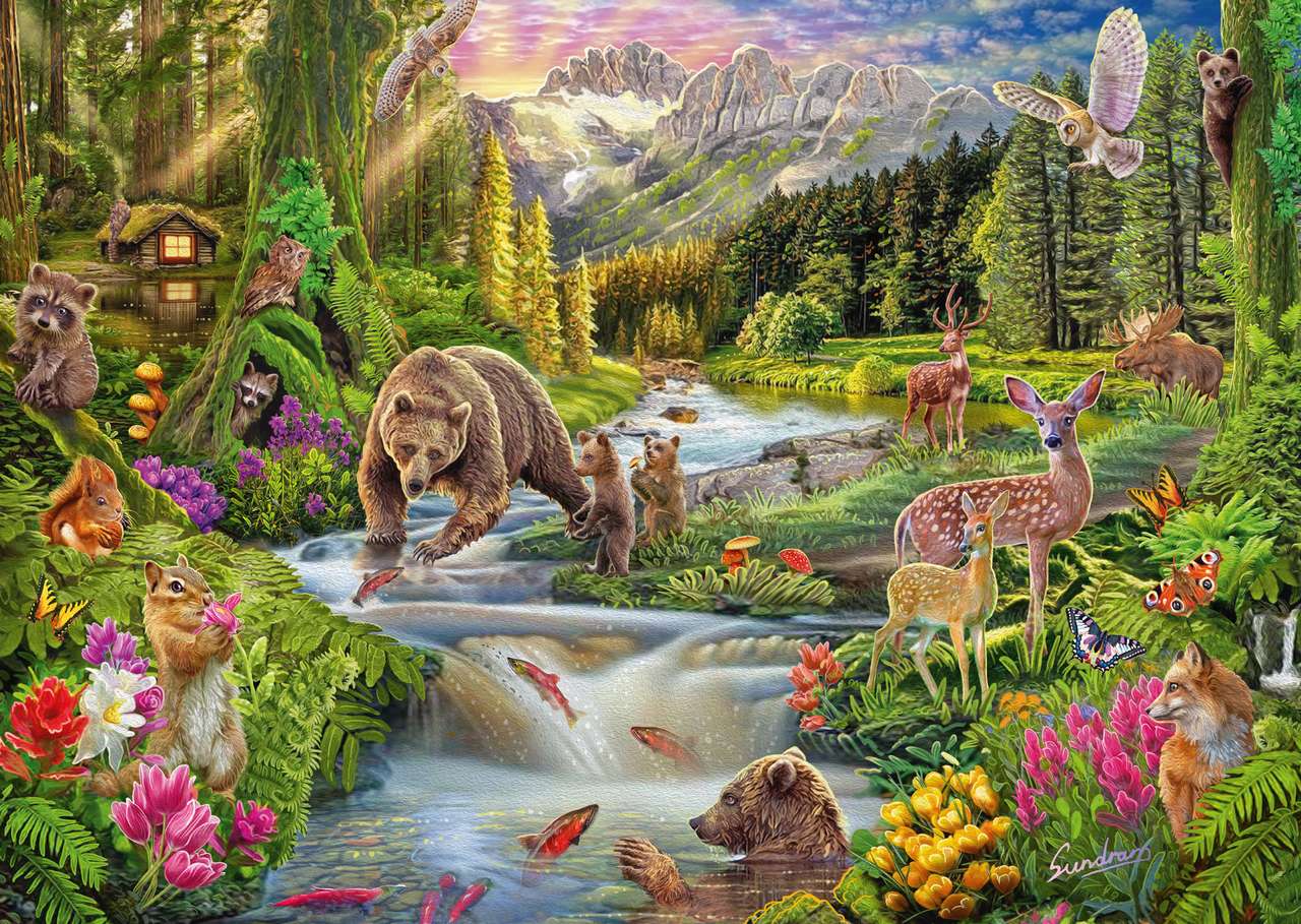 Crique avec des animaux dans les montagnes puzzle en ligne