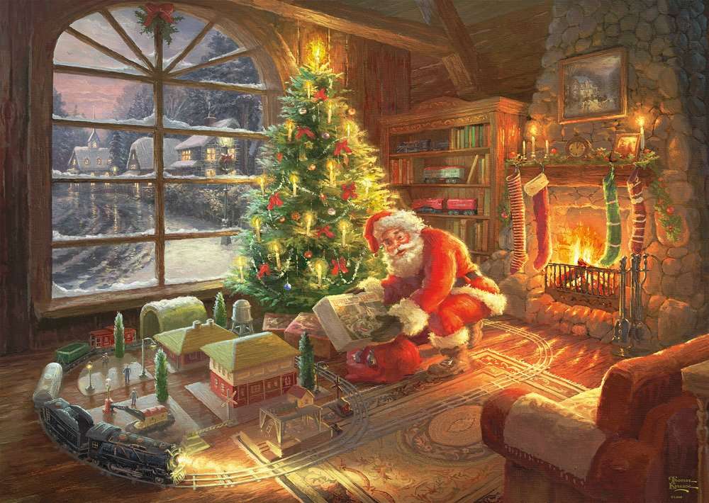 Weihnachtsmann im Wohnzimmer am Weihnachtsbaum Puzzlespiel online