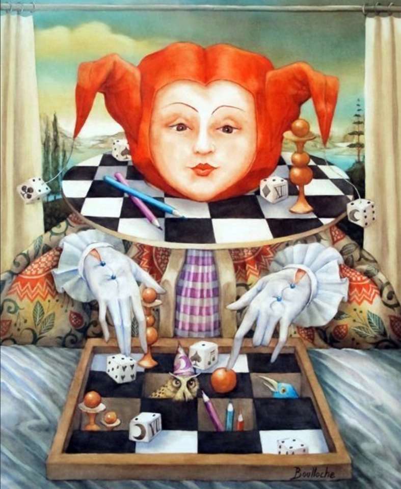 Red-haired lady with game board jigsaw puzzle online