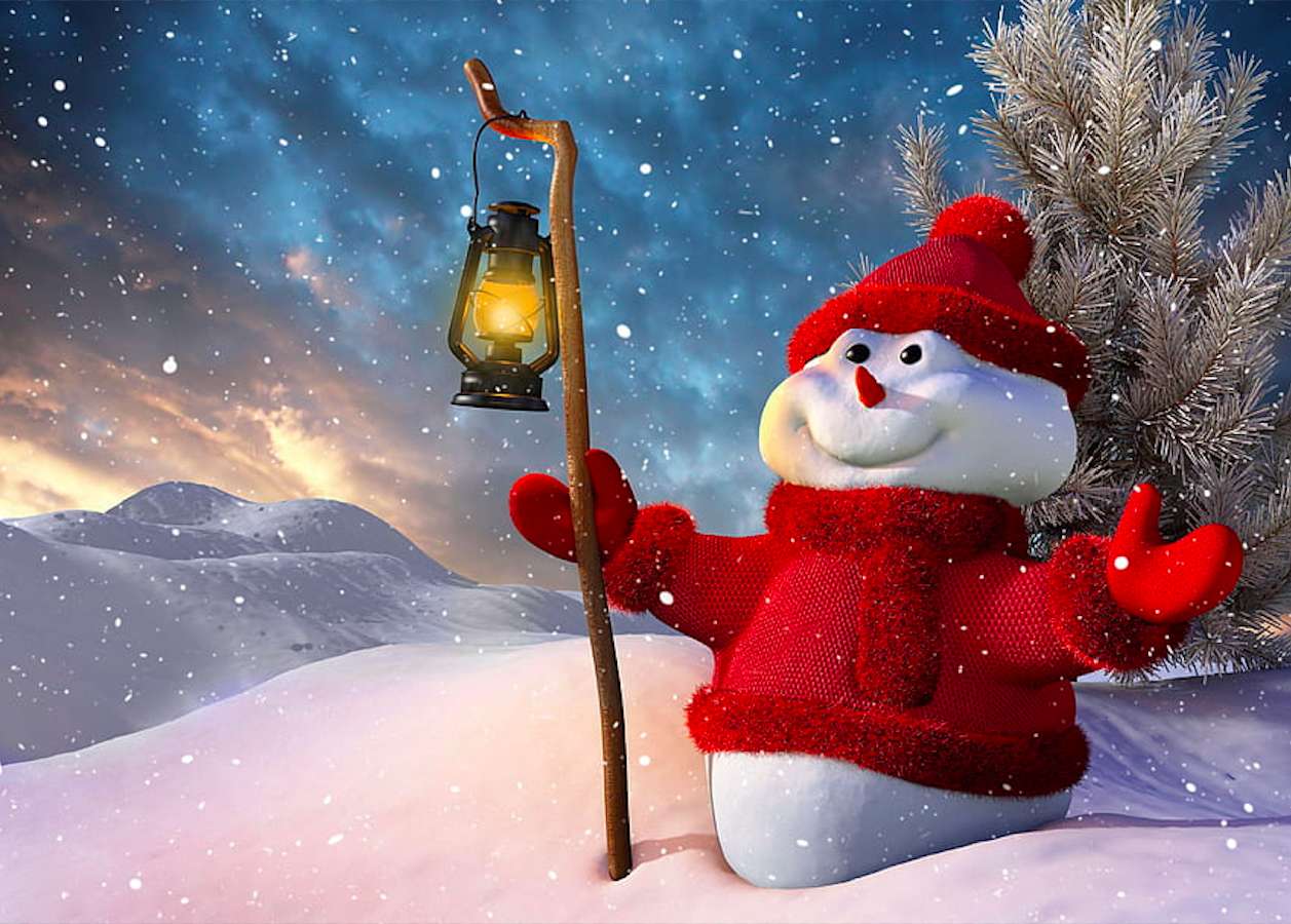 Un muñeco de nieve saluda a Papá Noel en una noche tranquila, :) rompecabezas en línea