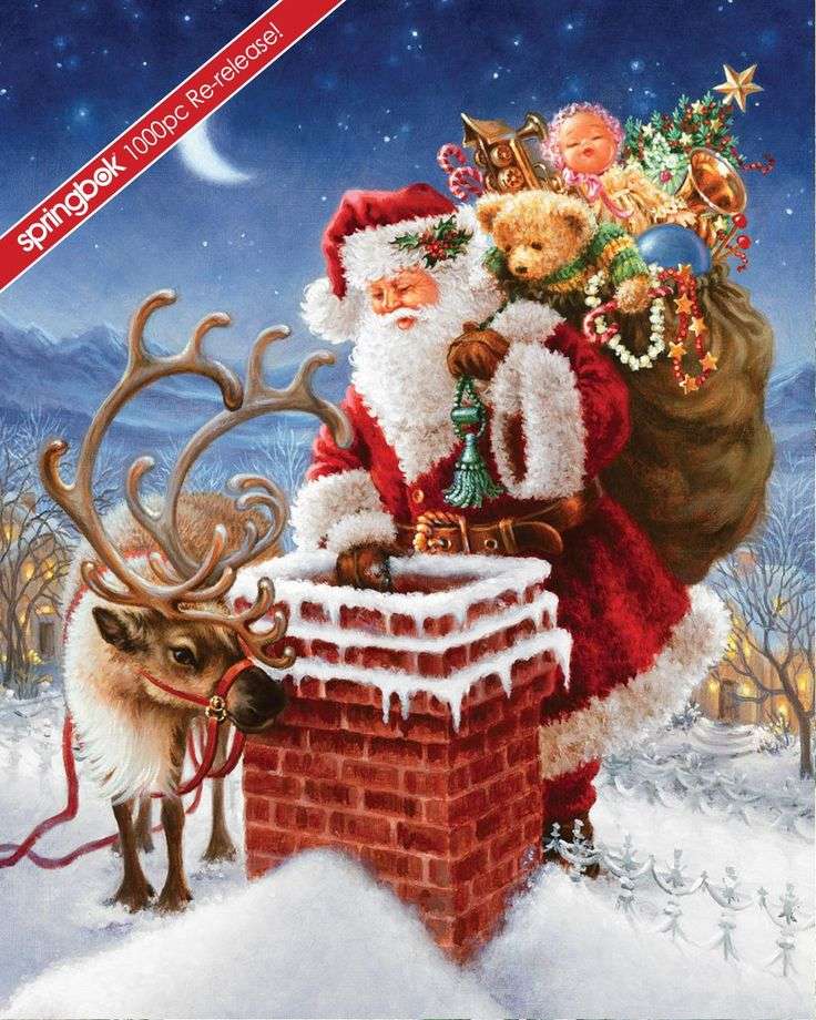 Moș Crăciun cu cadouri pe acoperiș jigsaw puzzle online