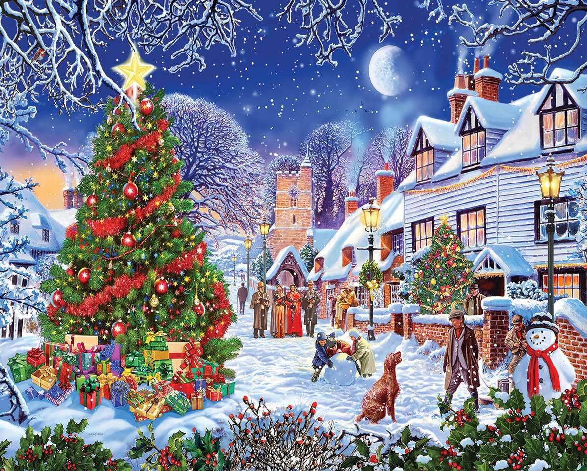 広場の真ん中に飾られた大きなクリスマスツリー オンラインパズル