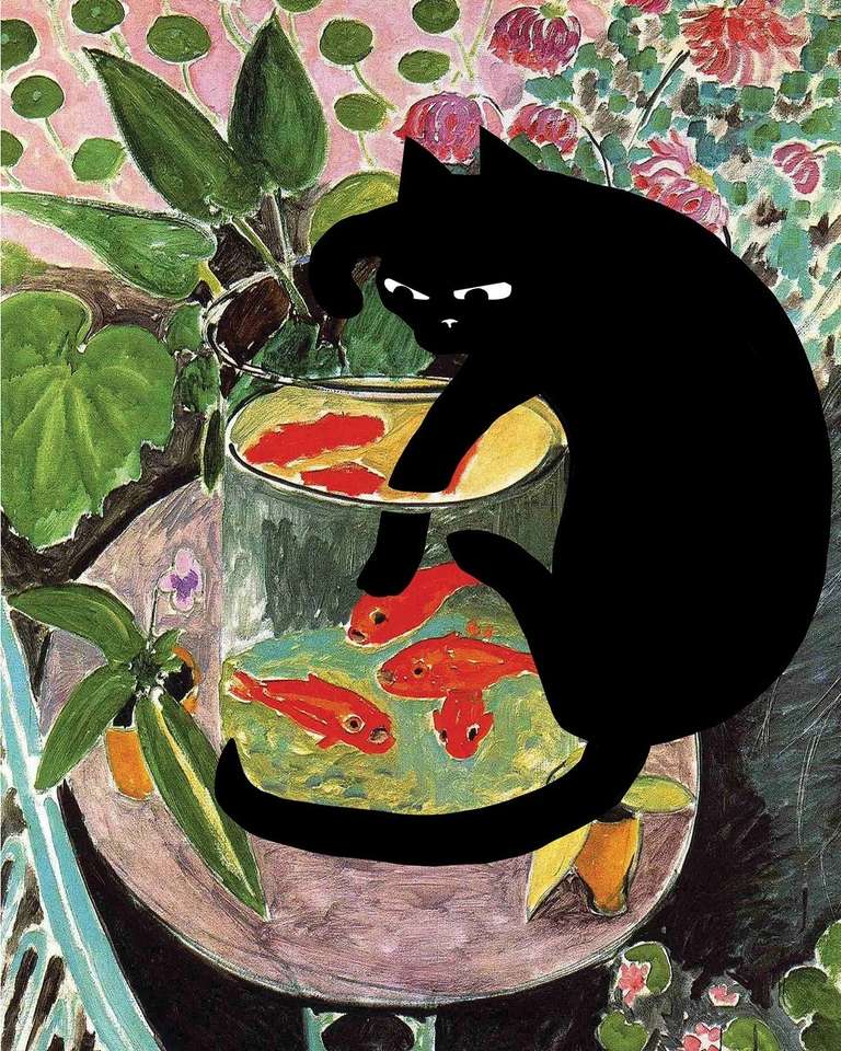Черный кот с лапой в аквариуме пазл онлайн