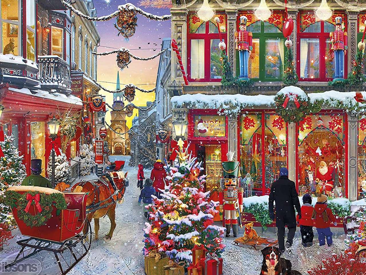 Street with shops decorated for Christmas online puzzle
