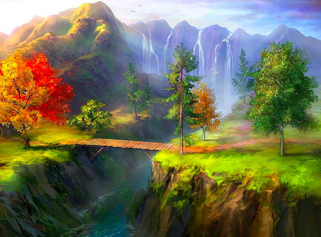 Skönheten i bergen med en gångbro över branten pussel på nätet
