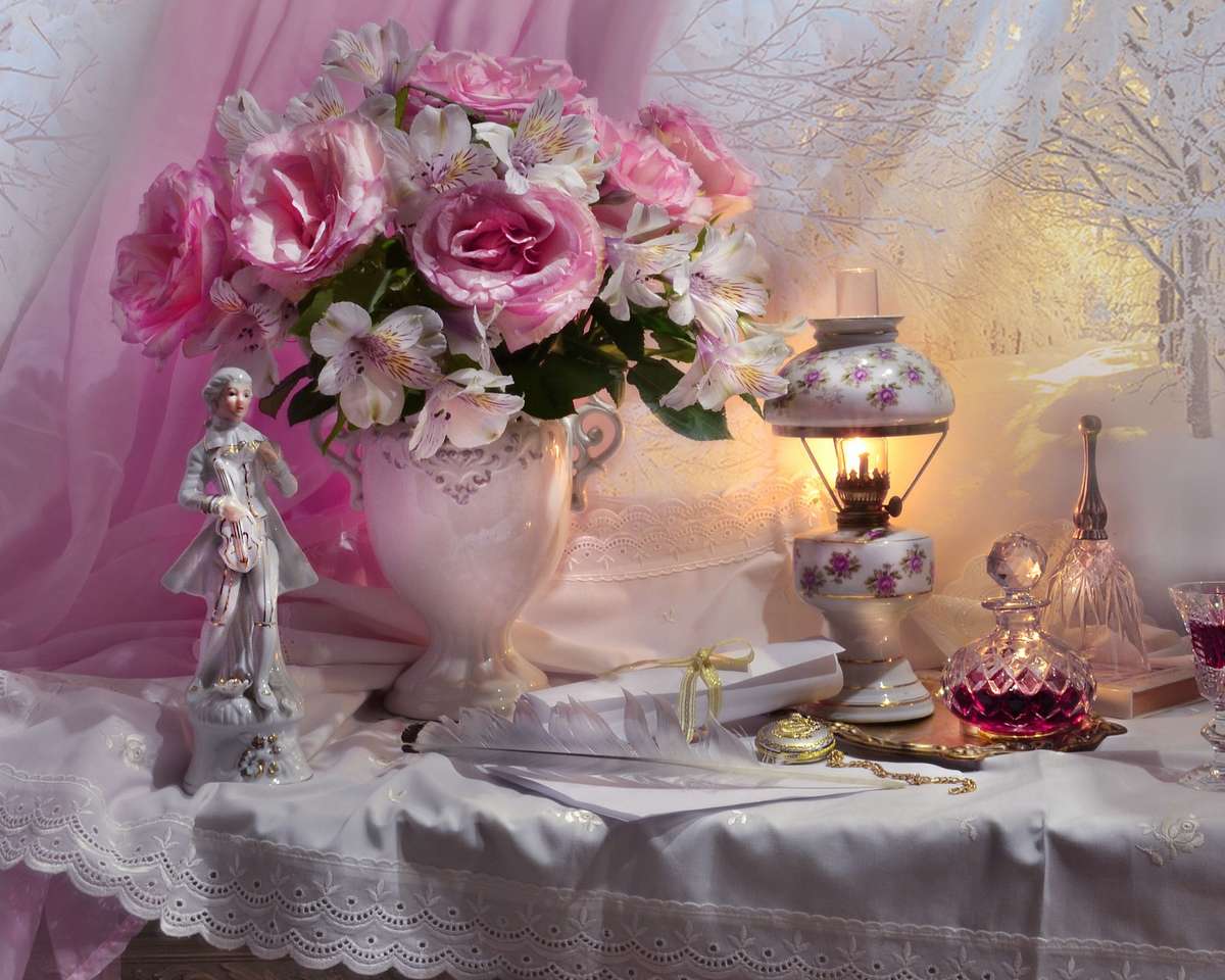 Imagen. Flores rosas en un jarrón rompecabezas en línea