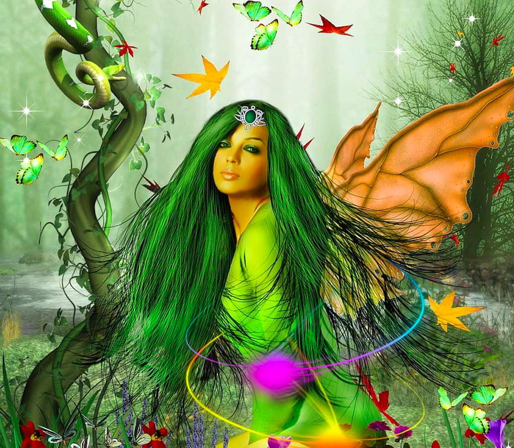 Frumoasă nimfă verde în sezonul de toamnă puzzle online