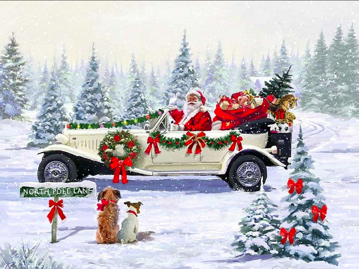 Nuevos tiempos, en lugar de renos, el carro de Papá Noel Papa Noel rompecabezas en línea