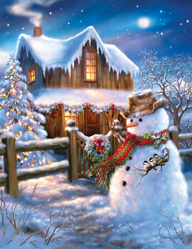 Un pupazzo di neve davanti alla casa puzzle online