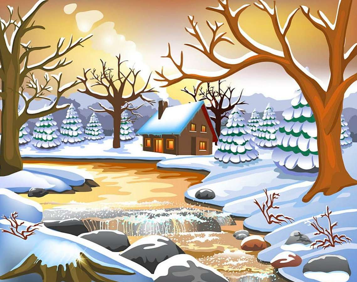 Bezaubernde Winterlandschaft eines einsamen Häuschens Online-Puzzle