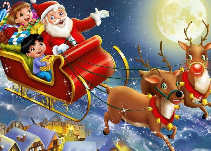 Дед Мороз с детьми и Рудольф онлайн-пазл