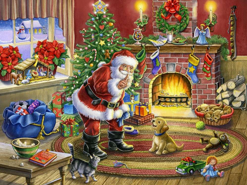 Weihnachtsmann im Wohnzimmer am Kamin Puzzlespiel online