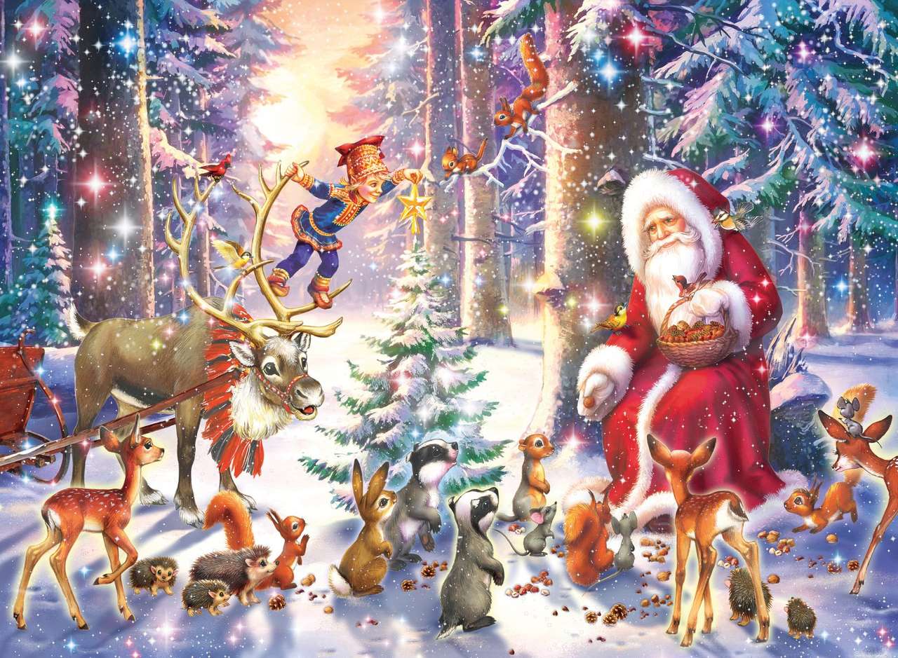 Weihnachtsmann mit Tieren im Wald Online-Puzzle