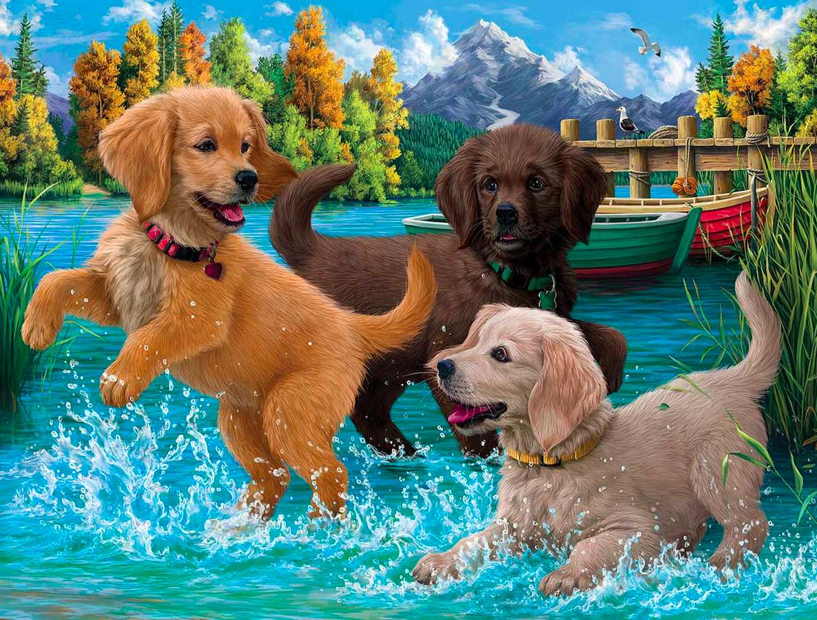 Geamuseerde puppy's die in het water spetteren :) legpuzzel online
