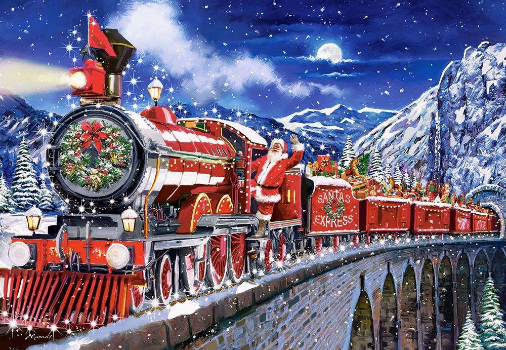 Tren de Crăciun cu Moș Crăciun în munți puzzle online