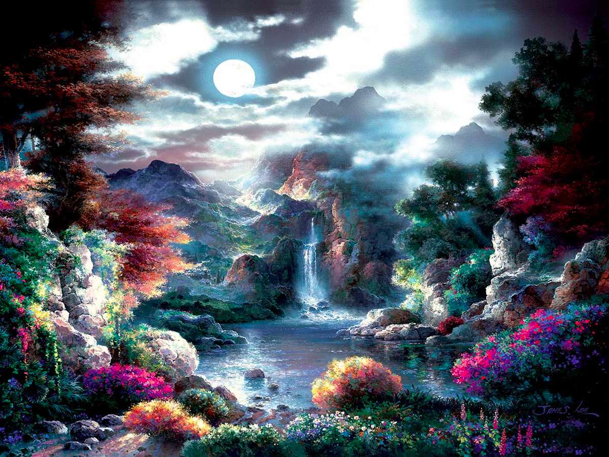 Luna piena su una cascata, che colori puzzle online