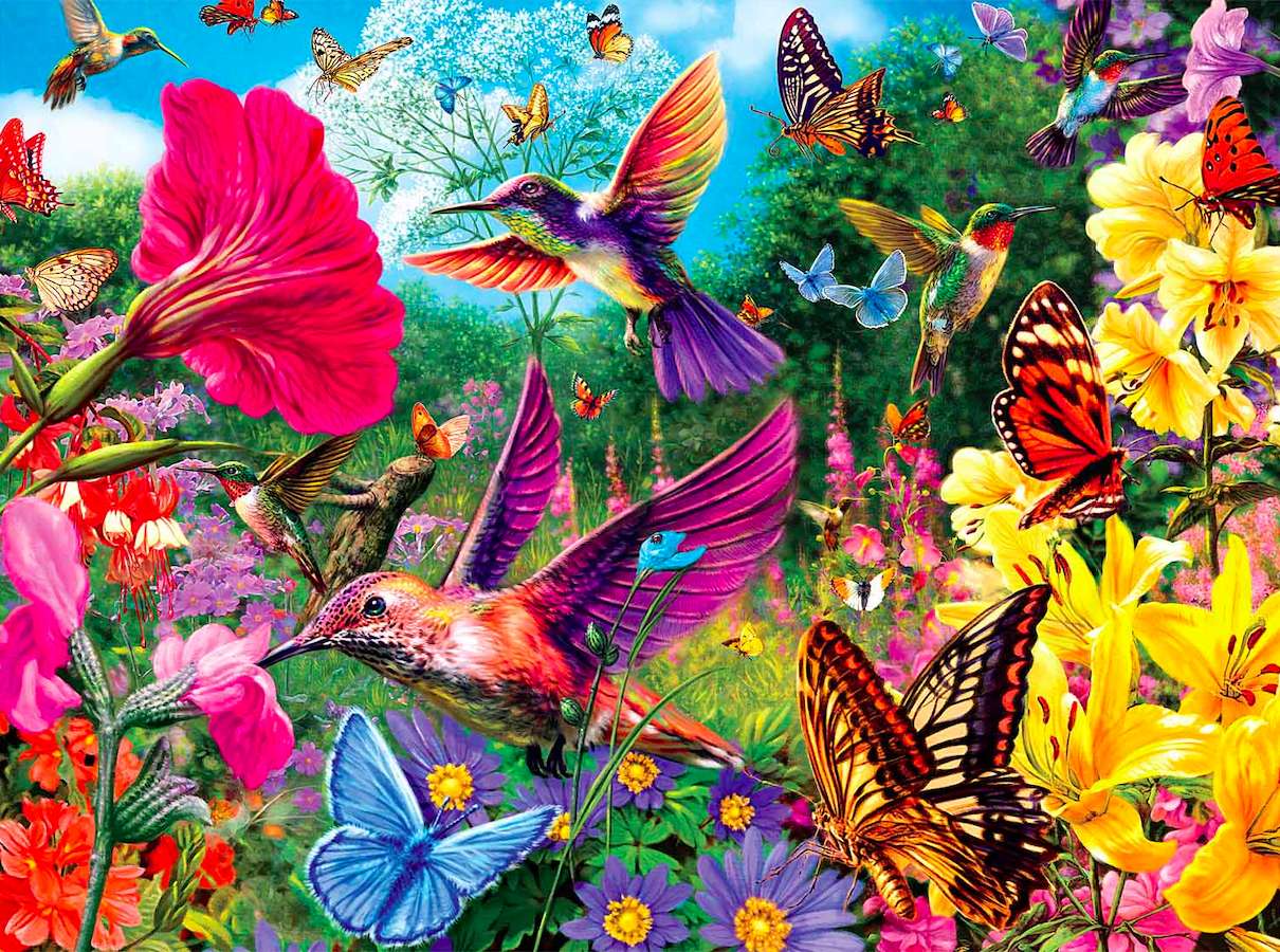 Градина с колибрита и пеперуди, красота онлайн пъзел