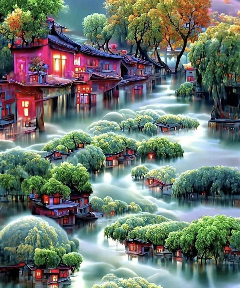En charmig vattenstad, skönhet njuter pussel på nätet