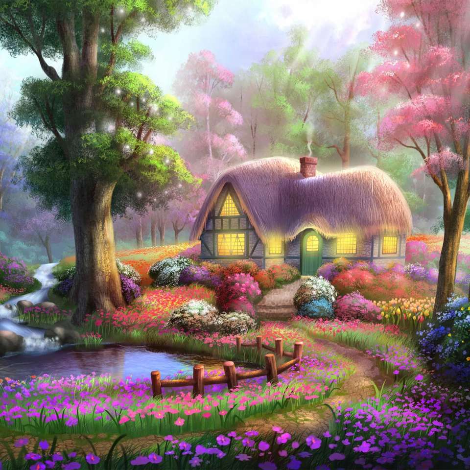Una dulce casa junto a un estanque entre flores. rompecabezas en línea