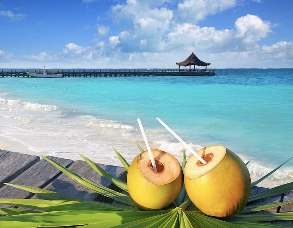 Oceaan, paradijselijk strand, drankjes, zo'n vakantie is een sprookje legpuzzel online
