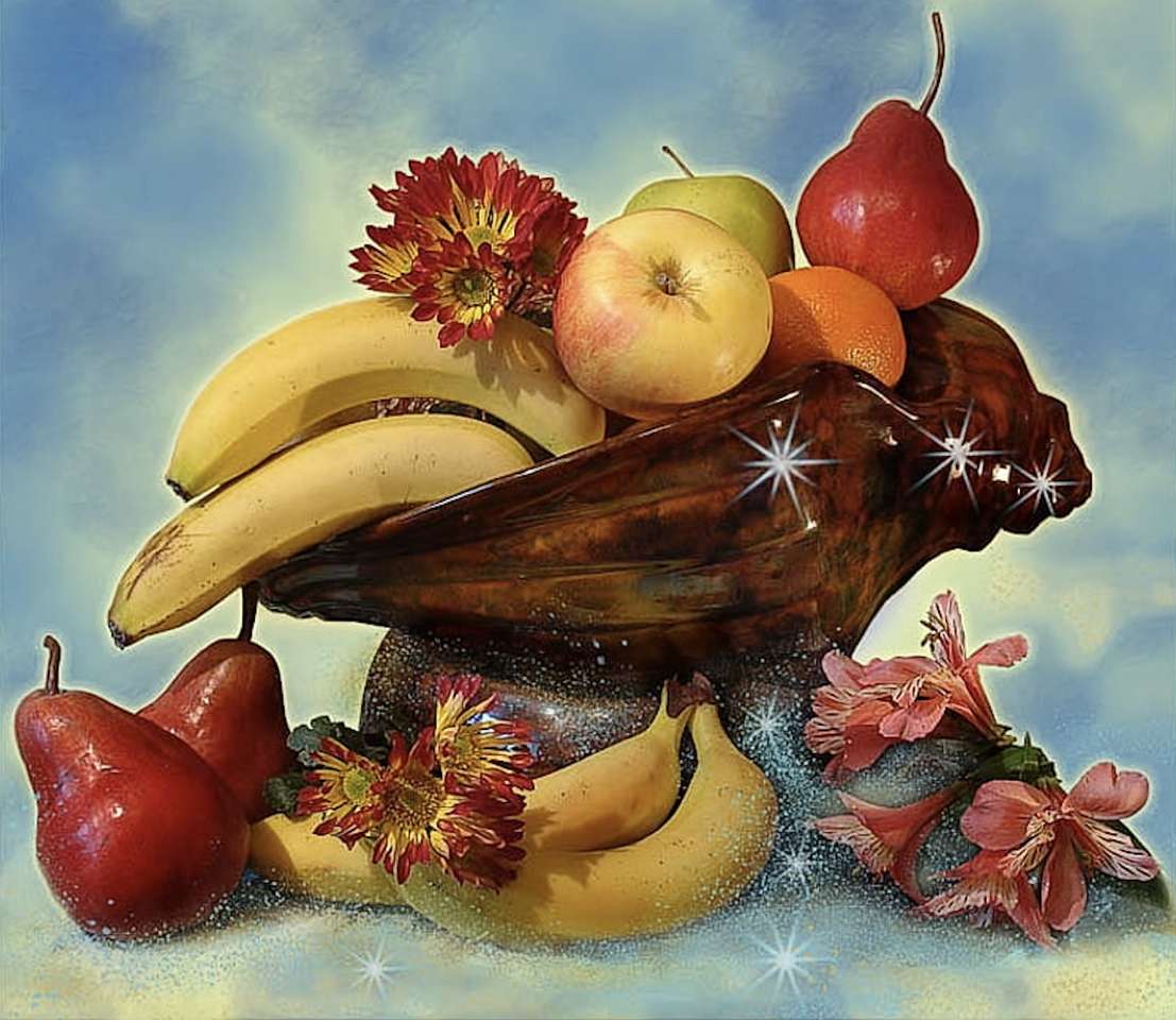 Un „coș” de coajă cu fructe, o priveliște fermecătoare puzzle online