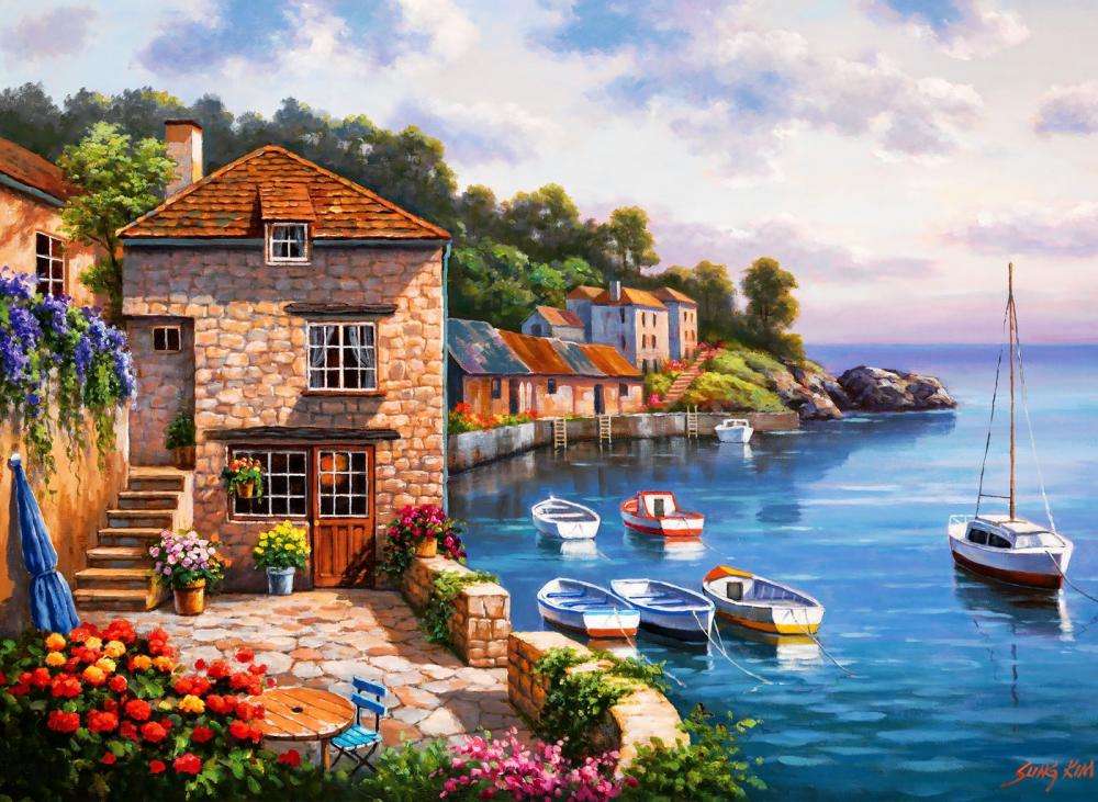 Boats off the coast of the town jigsaw puzzle online
