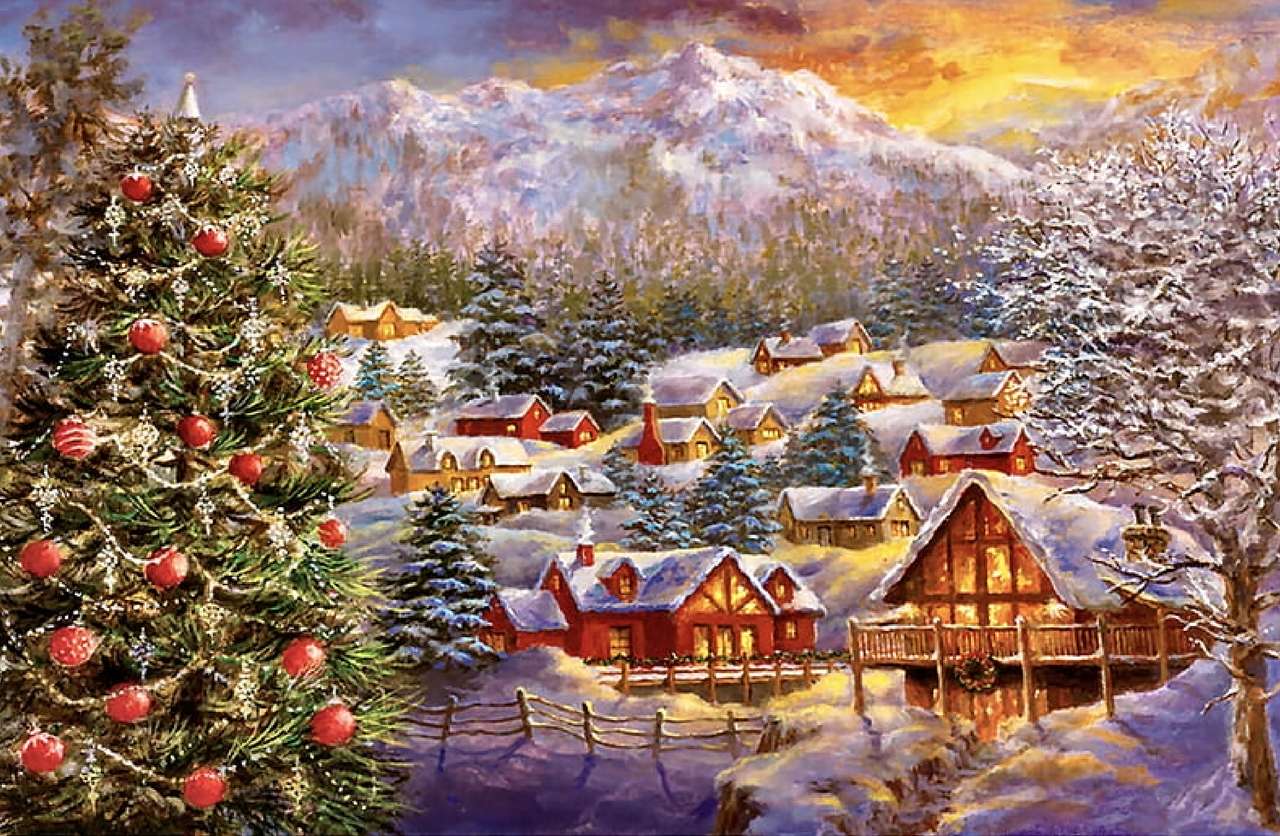 Frumusețea festivă de iarnă a unei mici așezări jigsaw puzzle online