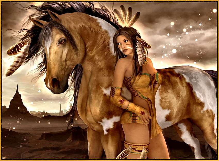 Un cavallo nativo americano, un bel cavallo e una bella donna puzzle online
