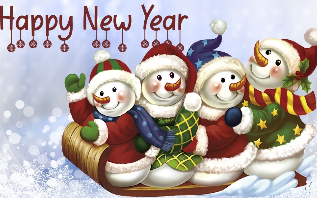 Bonecos de neve de Ano Novo dizem saudações de Ano Novo puzzle online