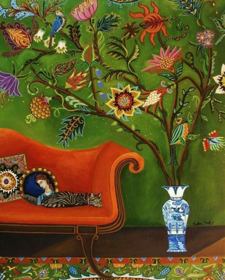 рисуване на диван ваза и цветя онлайн пъзел
