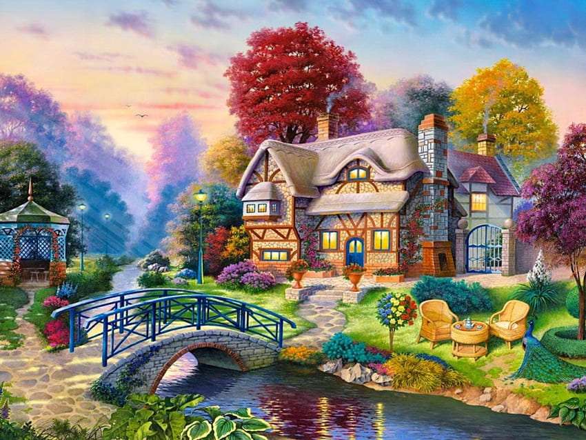 Tea for two by the river in a lovely garden jigsaw puzzle online