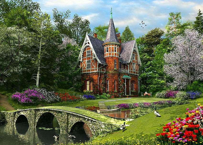 Малък прекрасен дворец с калдъръмен мост онлайн пъзел