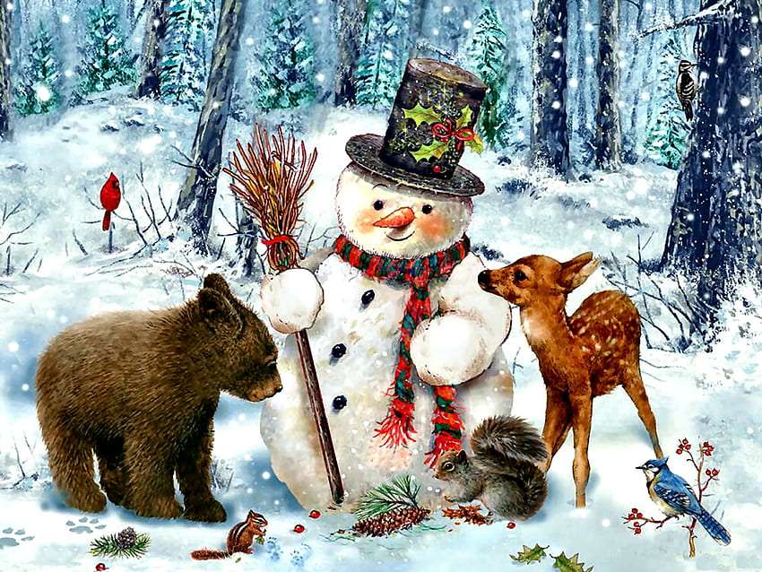 Sněhulákovi lesní přátelé, sladký pohled :) online puzzle