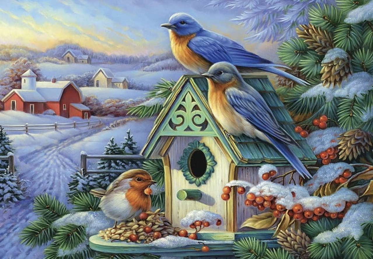 Zlaté zimní ráno v ptačí budce online puzzle