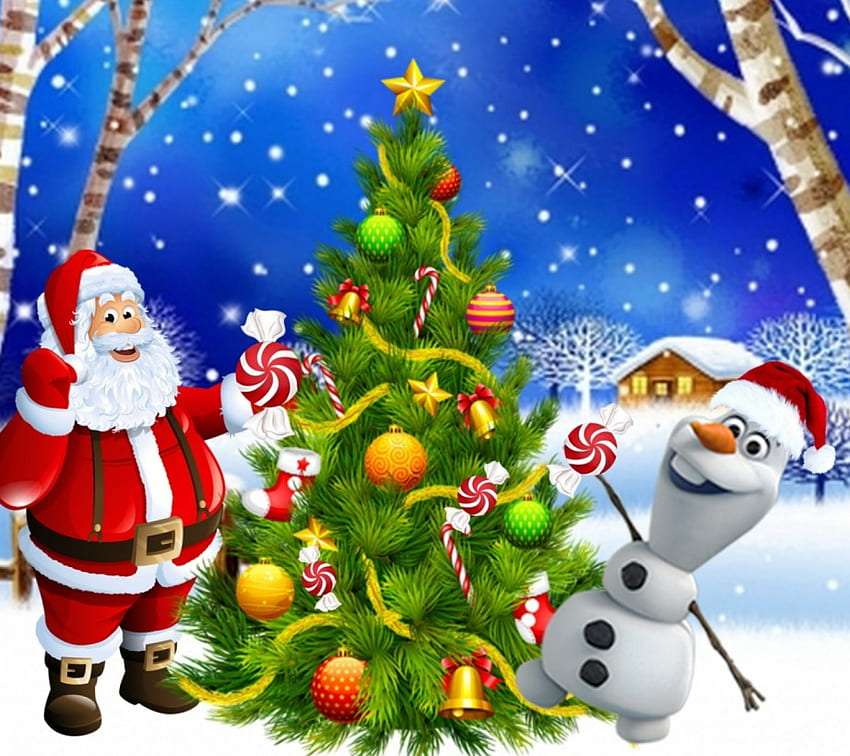 Glädjefullt möte mellan en snögubbe och jultomten pussel på nätet
