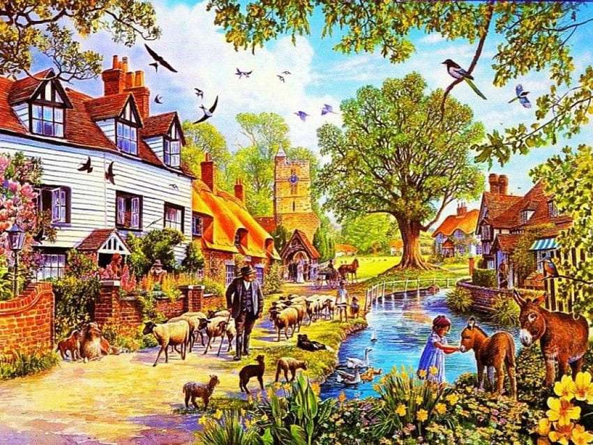 A tavaszi falu mindennapjai, bájos kilátás online puzzle