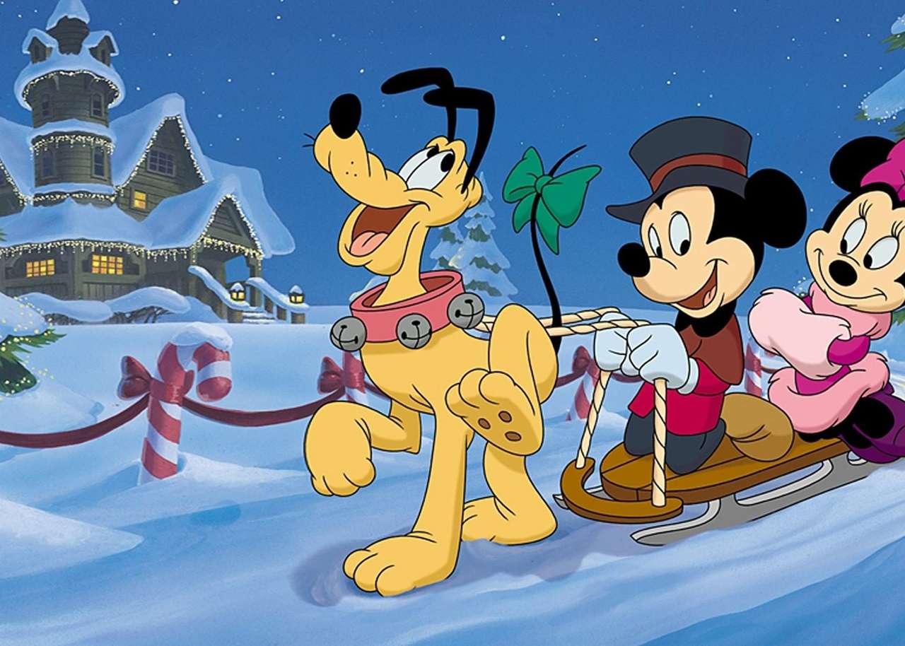 Mickey Mouse and Pluto. Sledding online puzzle