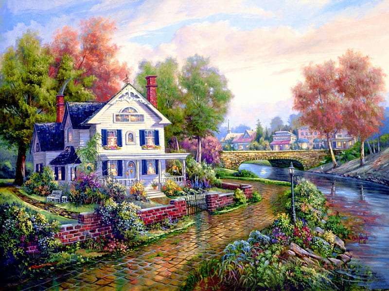 Casa vicino al fiume in primavera puzzle online