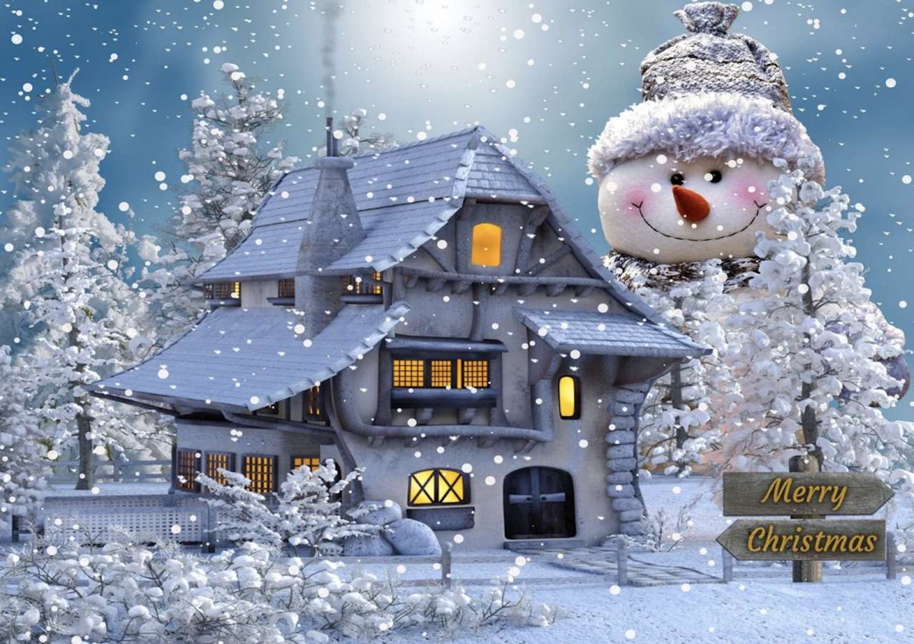 Un muñeco de nieve muy grande junto a una casa encantadora. rompecabezas en línea