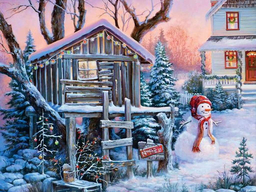 Cottage e pupazzo di neve puzzle online