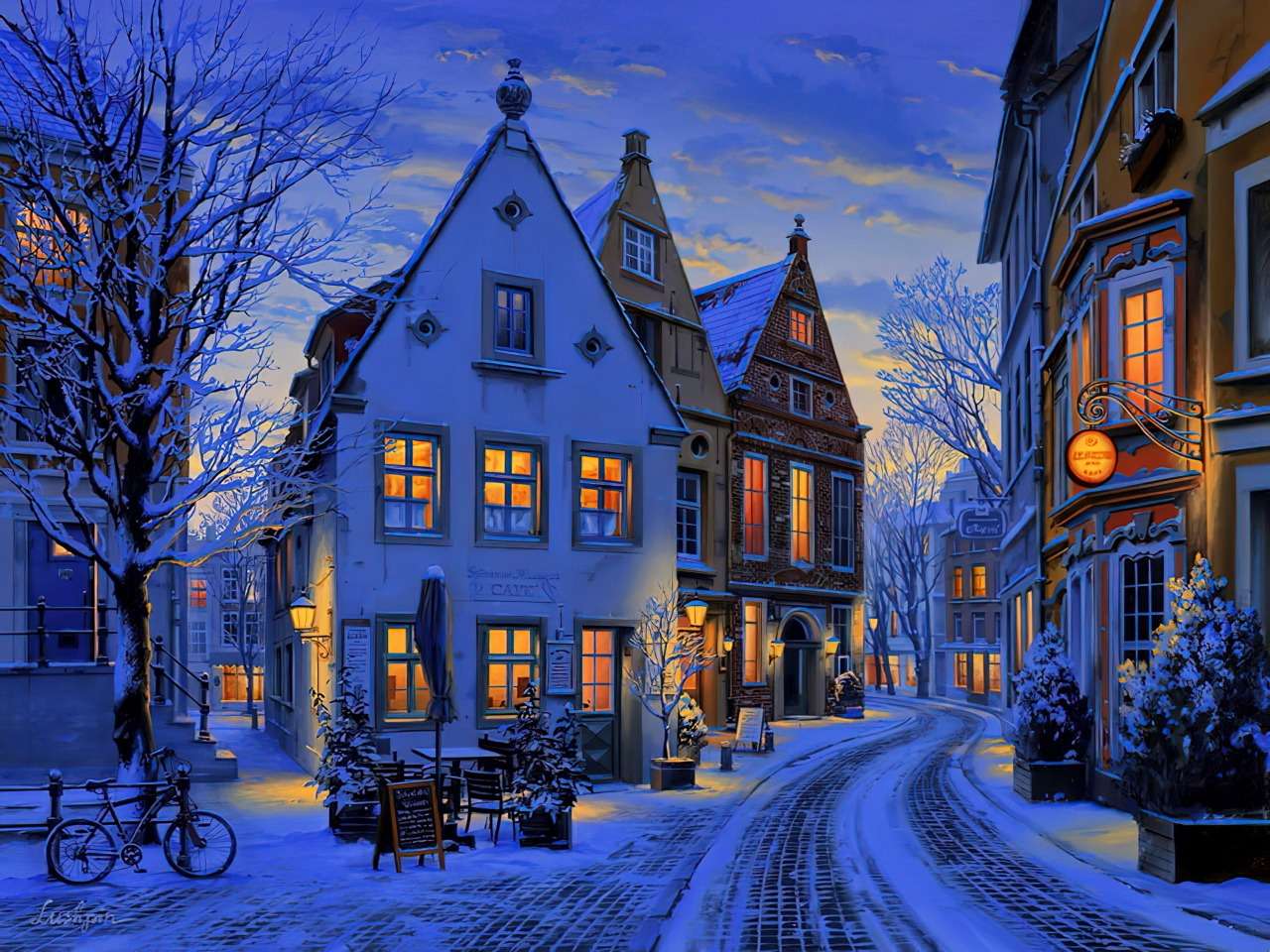 Vinter och värme kommer från insidan av husen, en charmig utsikt Pussel online