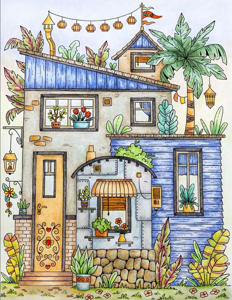 ritning av ett hus med växter Pussel online