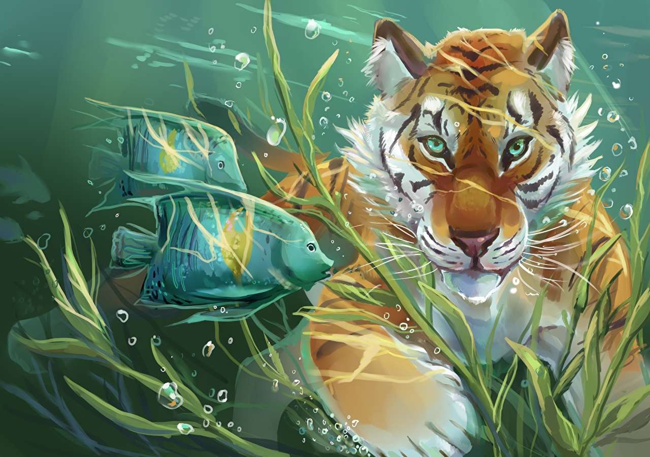 Un tigre cazando en el agua rompecabezas en línea
