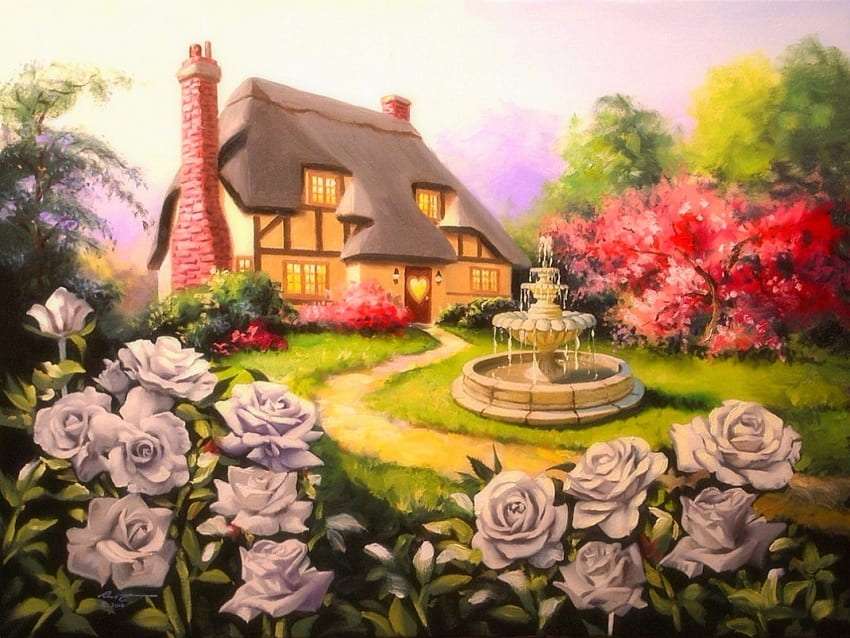 Ein charmantes Haus zwischen wunderschönen lila Rosen Online-Puzzle