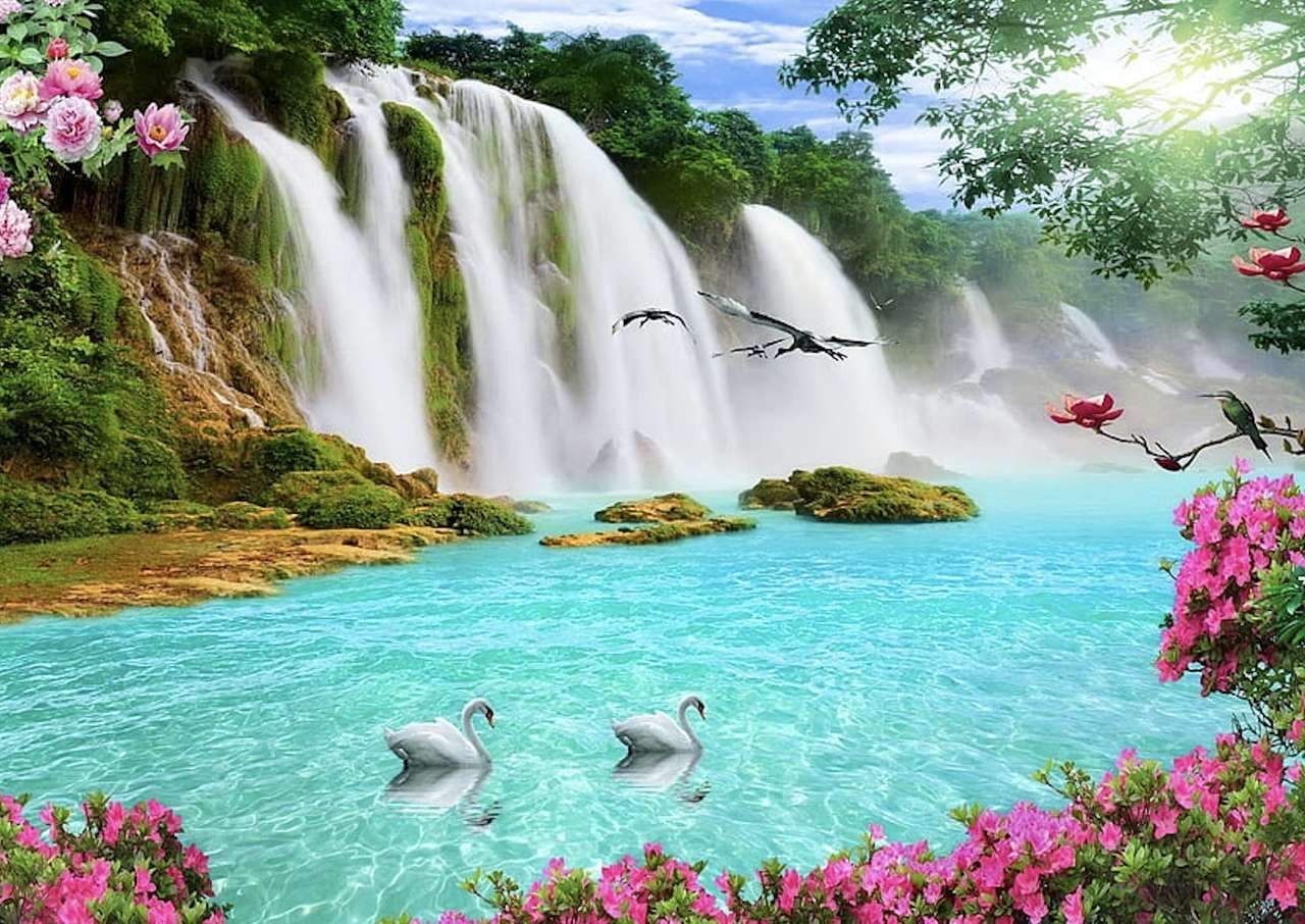 Paradiesische Wasserfälle, die Schönheit der Aussicht begeistert Online-Puzzle
