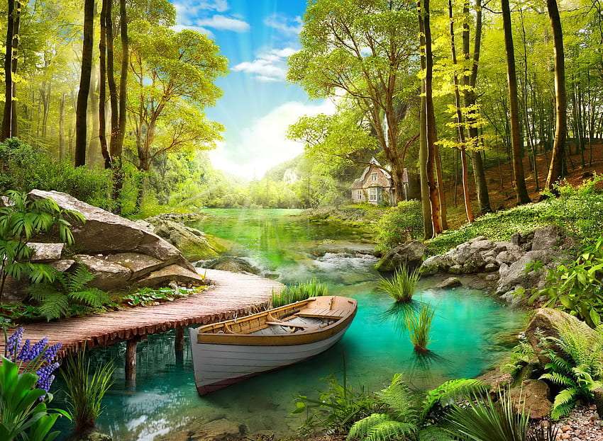 Будинок в чарівному лісі біля річки, краса порадує онлайн пазл